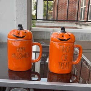 Rae Dunn Orange SPOOKY mug with pumpkin topper